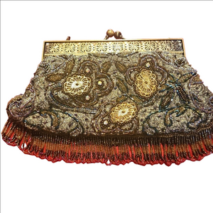 Vintage Glitzey FAR NINE Clutch/Shoulder Purse with Seed Beads & Fringe